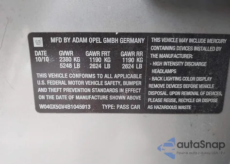 2011 Buick Regal Cxl Turbo Russelsheim z USA, uszkodzony, nr VIN W04GX5GV4B1045913